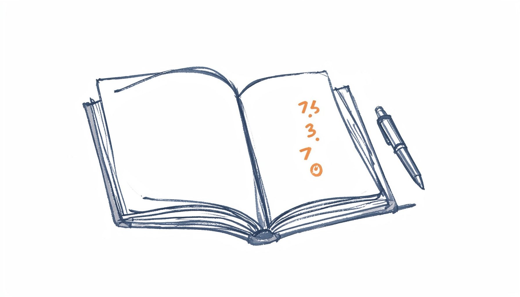 Hand-drawn ink sketch of an open notebook, a pen, and stylized ticker numbers in muted navy and warm orange on a cream background