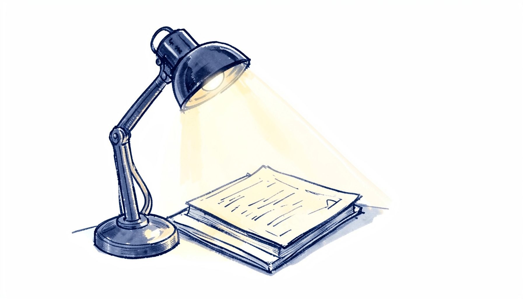 Hand-drawn ink sketch of a desk lamp casting light on a single document, drawn in soft navy and warm cream tones