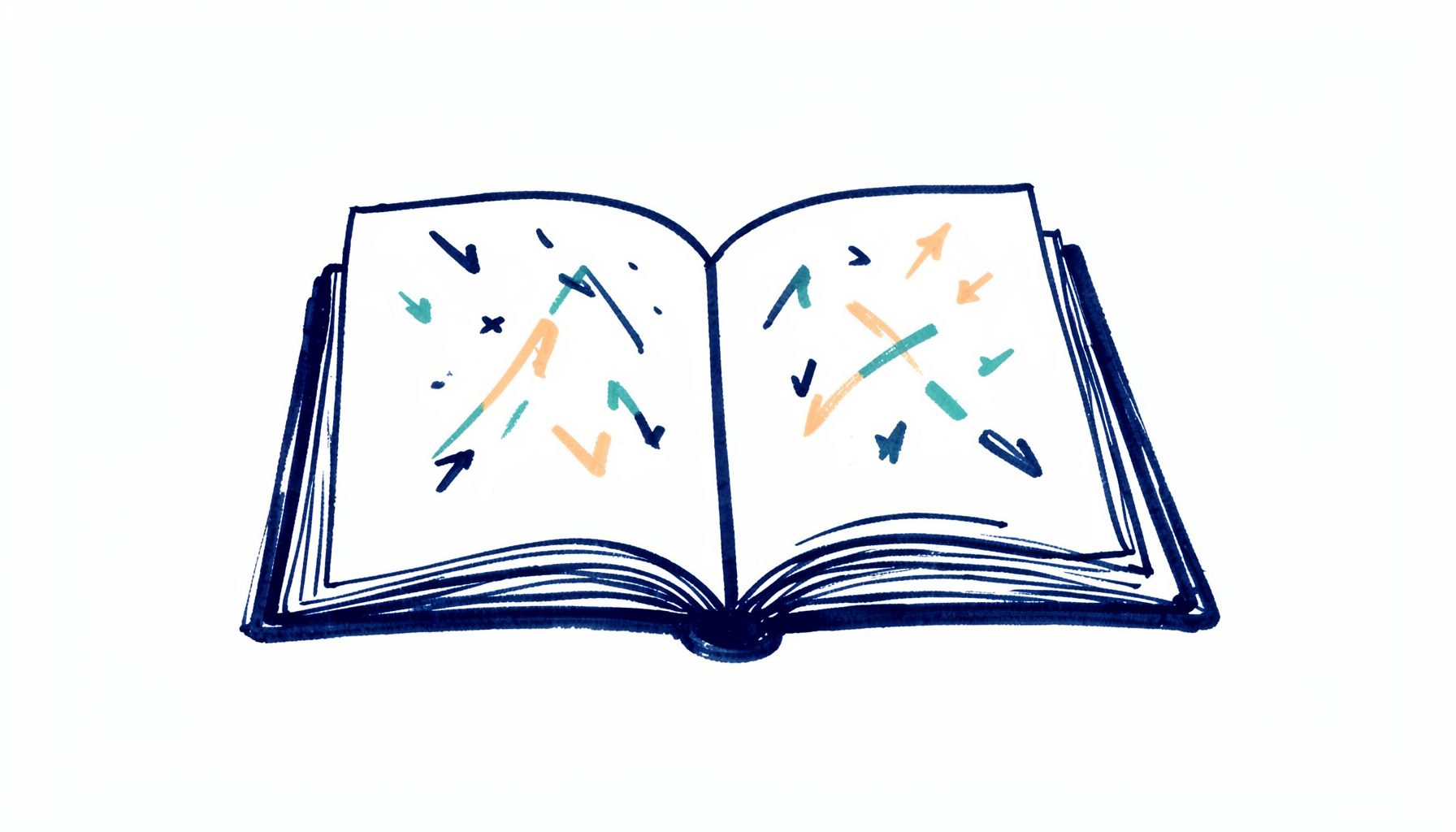Hand-drawn ink illustration of an open book with abstract financial arrows and small tick marks in navy, teal, and orange on a cream background