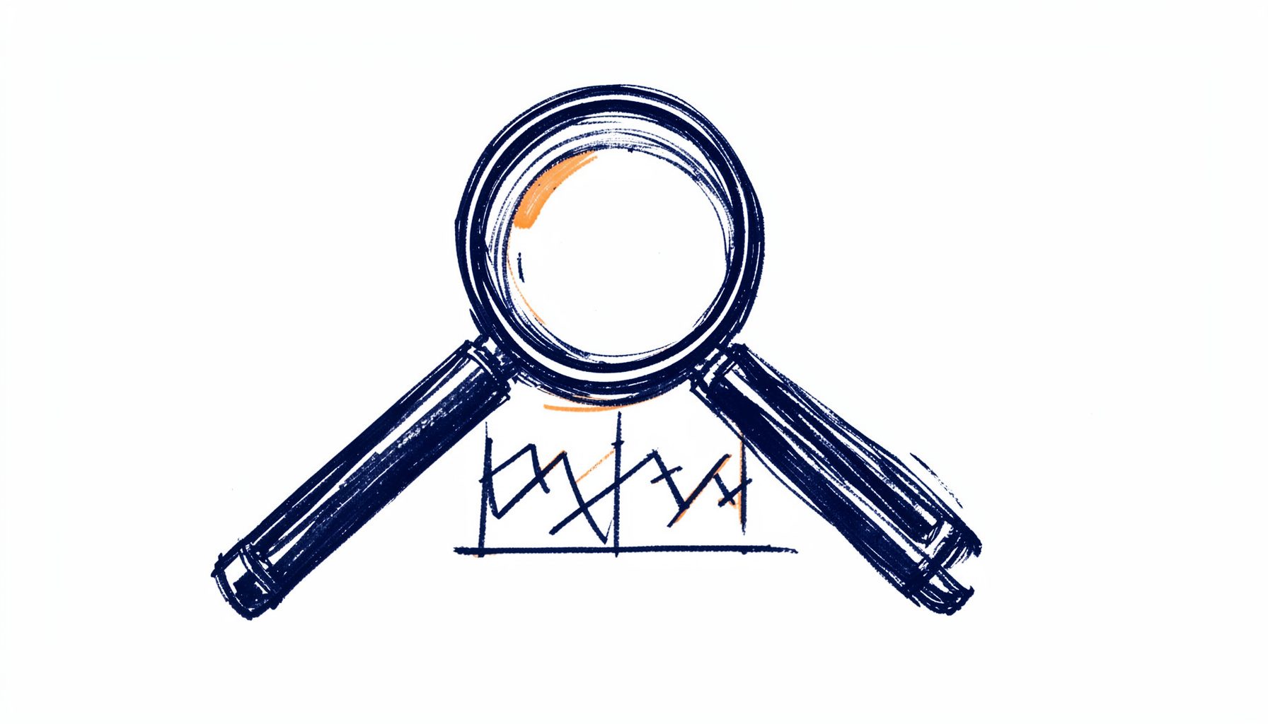 Hand-drawn ink sketch of a magnifying glass hovering over an abstract chart, drawn in navy with a single orange highlight on a pale background