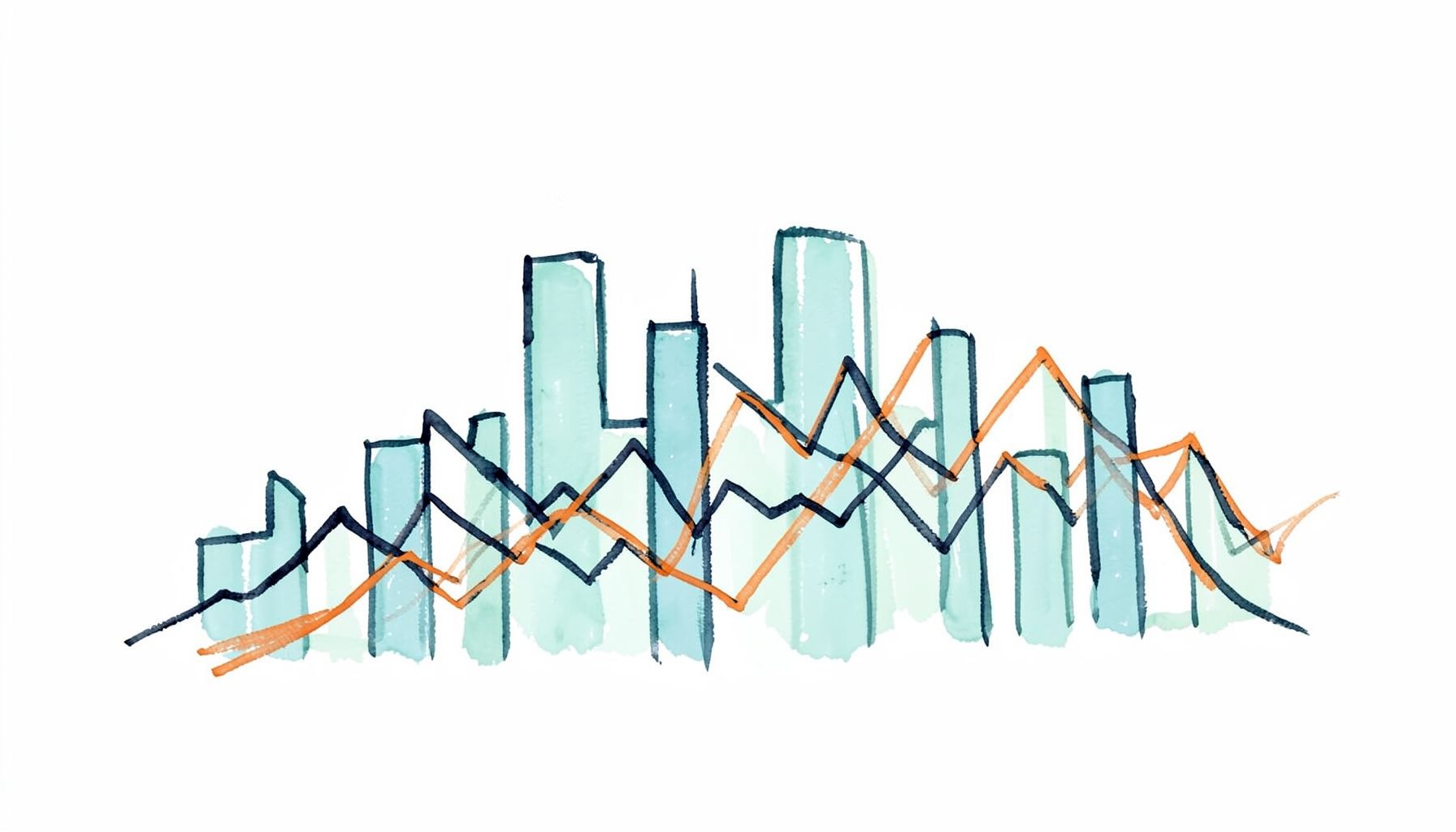 Hand-drawn ink illustration of an abstract skyline crossed by overlapping trend lines, drawn in soft teal, navy, and warm orange on a pale background